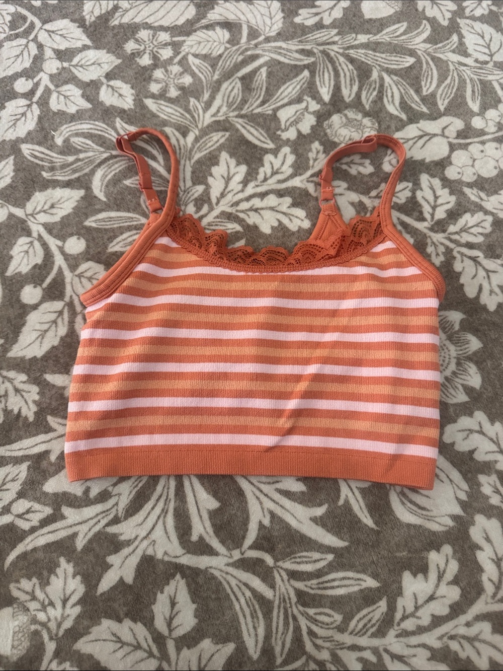 Aerie Striped Lace Trim Cami Crop bralette- Coral & White